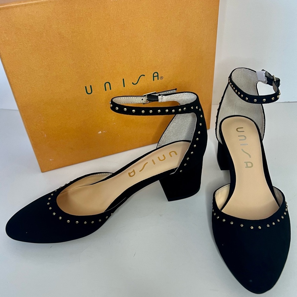 Unisa block heel with gold studs and ankle strap